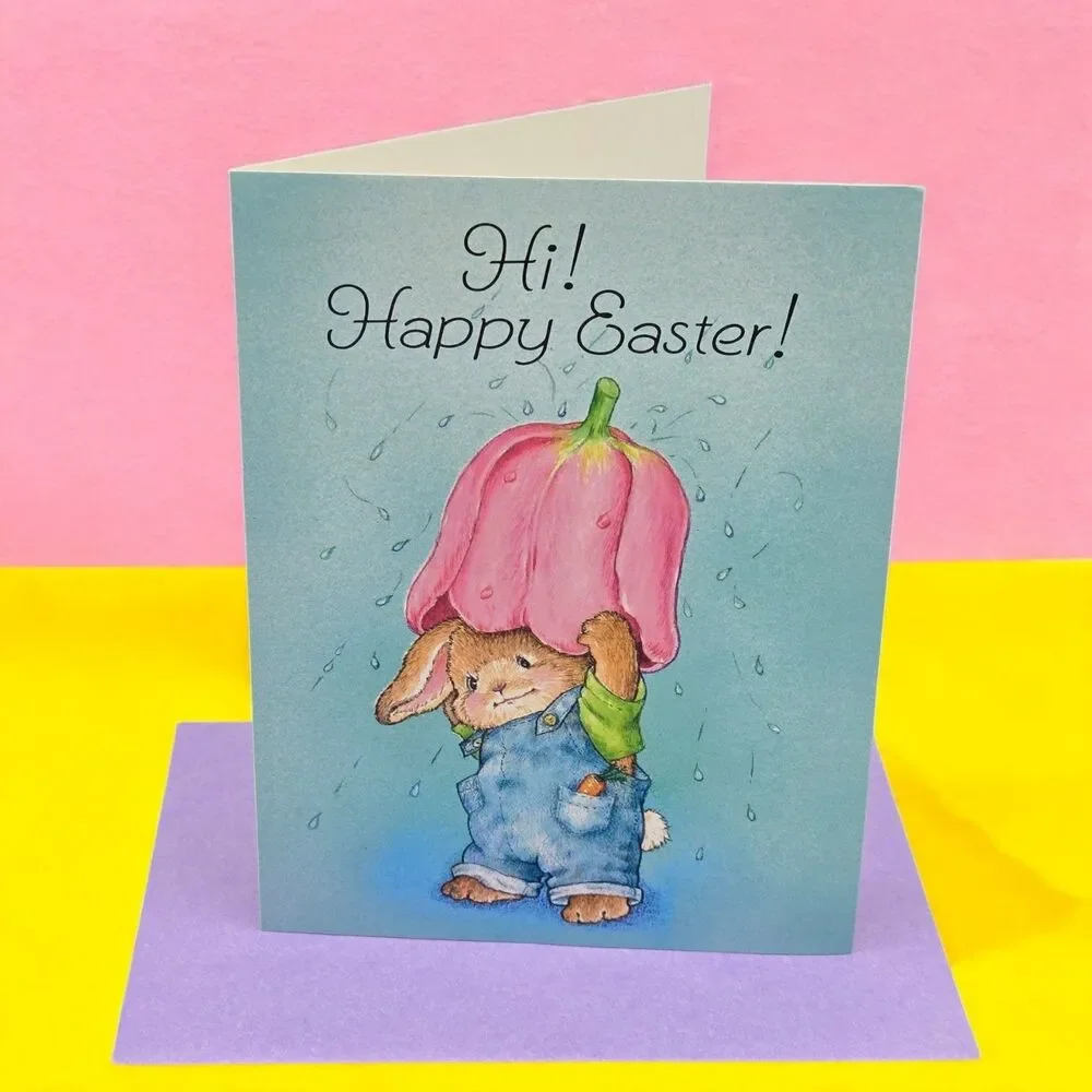 7 Unused Vintage AGC Easter Greeting Cards Dressed Bunny Overalls Tulip Umbrella